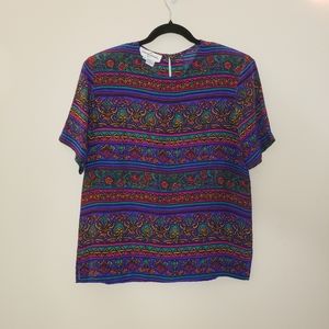 Casual Corner vintage silk blouse floral striped pattern short sleeve shirt